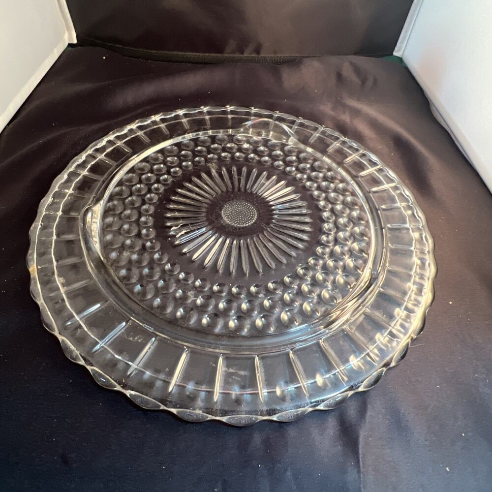 Vintage Federal Glass Sunburst/Dots Depression Glass Clear Footed Cake Plate - Picture 6 of 6